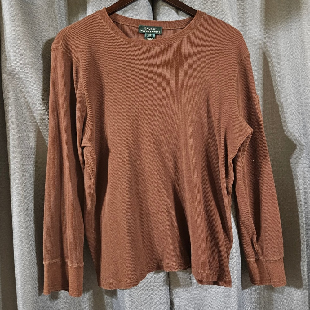 Vintage Lauren Ralph Lauren Brown Ribbed Monogram Pocket Long Sleeve Shirt 2X